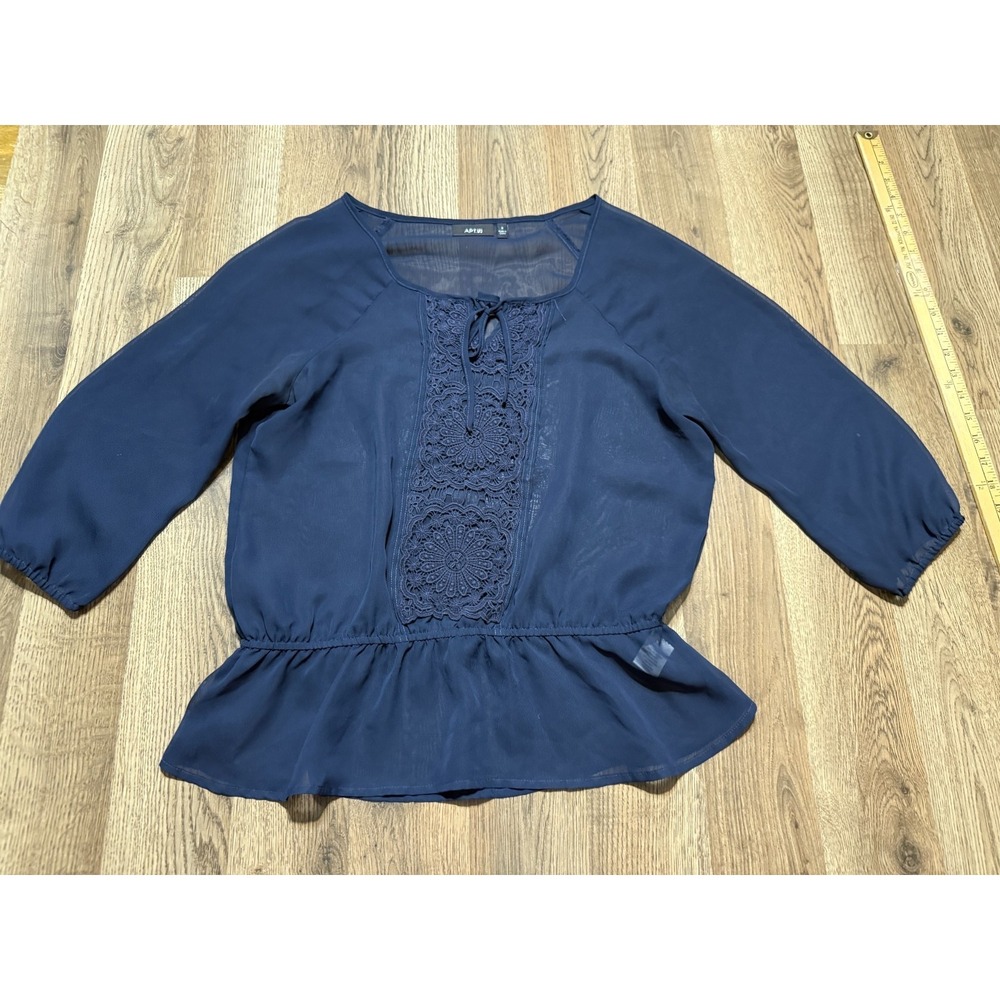 APT. 9 Blouse, Women's Size Small, Blue, Long Sleeve, See-Through, Peplum Top